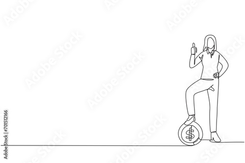 Single one line drawing businesswoman stands in a thumbs up pose and steps on a large coin with a dollar symbol. Excitement. Got a little extra capital. Continuous line design graphic illustration