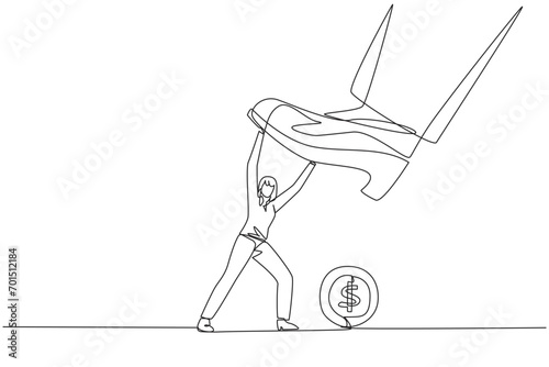 Continuous one line drawing businesswoman holds back a giant foot wants to step on coin with dollar symbol. Try to eliminate business interruptions. Profit. Single line draw design vector illustration