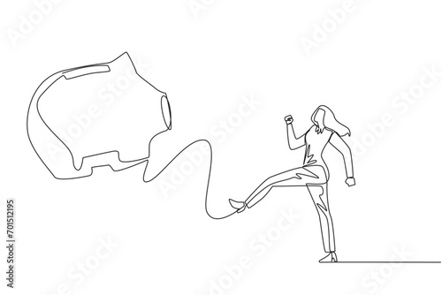 Single one line drawing businesswoman kicking the piggy bank. Bad example. Doing useless things. Living without having assets. Difficulty in retirement. Continuous line design graphic illustration