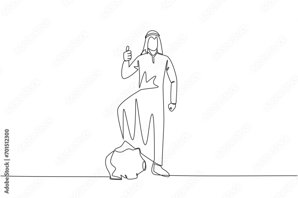 Continuous one line drawing Arab businessman with thumbs up pose and steps on piggy bank. Invitation to make investment. For comfortable life in retirement. Single line draw design vector illustration