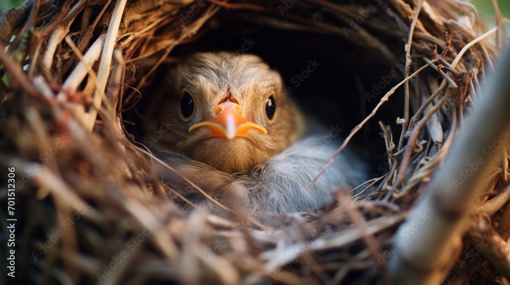 a baby bird sitting in a nest with it's head sticking out of the top of it's head. a baby bird sitting in a nest with it's head sticking out of the top of it's head.