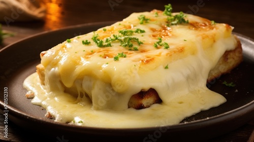  a piece of lasagna covered in cheese and parsley on a black plate on top of a wooden table.