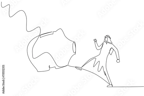 Single one line drawing Arab businessman kicking piggy bank. Emotions reduce intelligence. Wasting quite a large asset. The opportunity to invest is wasted. Continuous line design graphic illustration