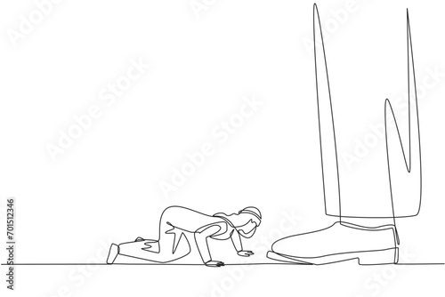 Continuous one line drawing Arabian businessman kneels and licks giant foot. Begging to the investors to disburse reserve funds. Avoid bankruptcy. Struggle. Single line draw design vector illustration