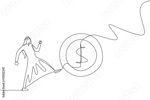 Single one line drawing Arabian businessman kicking a coin with a dollar symbol. Actions that are not worthy of imitation. Throwing away capital for free. Continuous line design graphic illustration