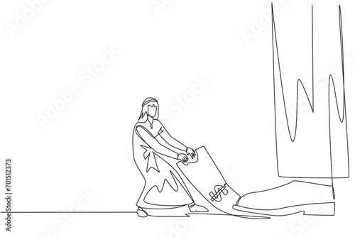 Single one line drawing Arab businessman pulling banknotes that were stepped on by the giant feet. Seize payment rights from unjust sovereigns. Struggle. Continuous line design graphic illustration
