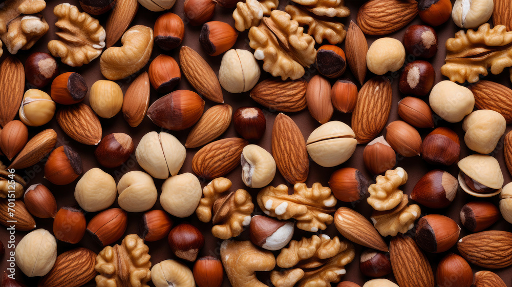 Closeup of food, different brown white nuts in top view as background texture Closeup of food, different brown white nuts in top view as background texture
