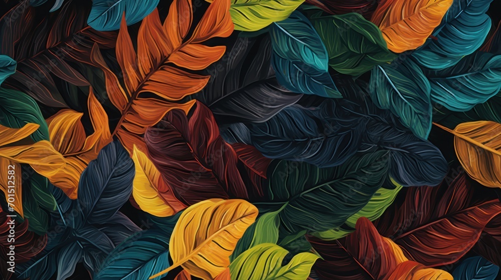 a close up of a painting of a bunch of leaves on a black background with orange, green, yellow, and red colors. a close up of a painting of a bunch of leaves on a black background with orange, green, yellow, and red colors.