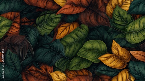  a bunch of leaves that are on top of a bed of green  yellow  and red leafy leaves.
