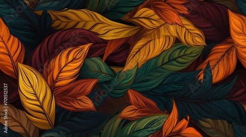  a bunch of different colored leaves on a black background with orange, yellow, and green leaves in the center of the image.