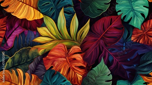  a painting of colorful tropical leaves on a black background with a green  yellow  red  and orange color scheme.