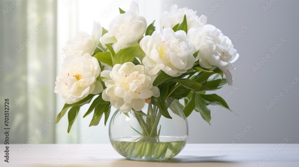 a vase filled with white flowers sitting on top of a wooden table next to a green leafy planter. a vase filled with white flowers sitting on top of a wooden table next to a green leafy planter.