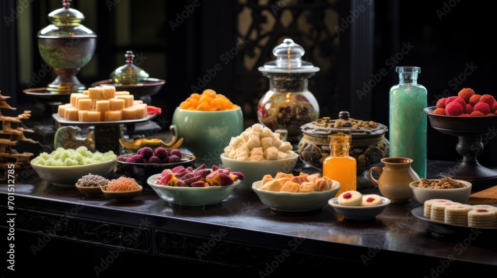  a table topped with lots of different types of desserts and pastries next to a bottle of orange juice.