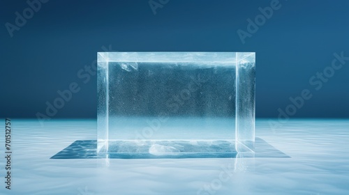  a square shaped glass object sitting on top of a blue floor in the middle of a room with a dark sky in the background.
