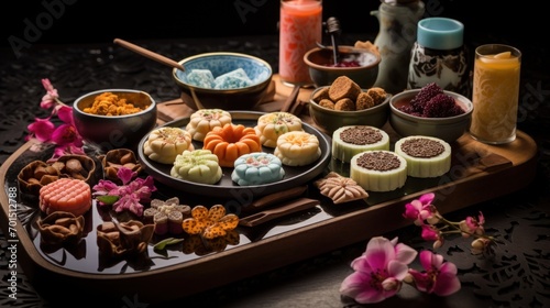  a tray filled with lots of different types of desserts on top of a table next to candles and flowers.