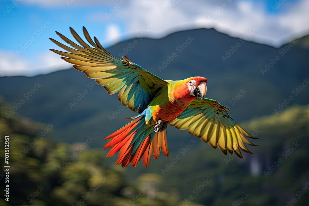 Gracefully Captured Parrot in Flight with Stunning Background