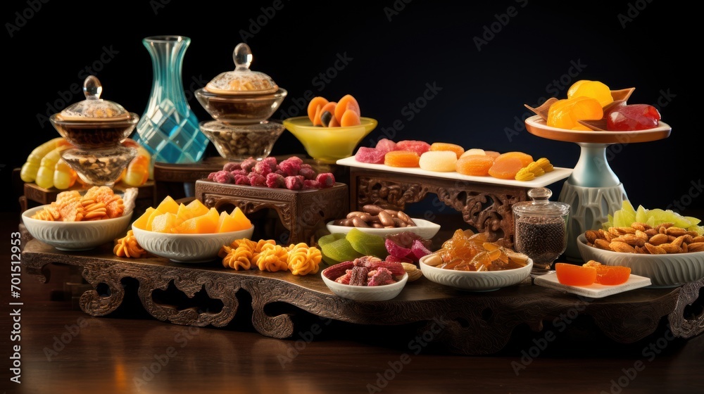  a wooden table topped with lots of different types of bowls and bowls filled with different types of fruits and nuts.