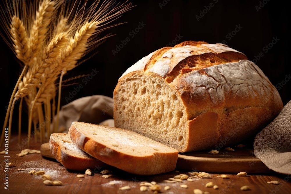 Aromatic Freshly Baked Bread and Wheat Ears Close-up, Texture and Appetite Appeal Highlighted