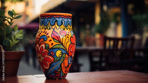  a colorful vase sitting on top of a wooden table next to a potted plant on top of a wooden table.