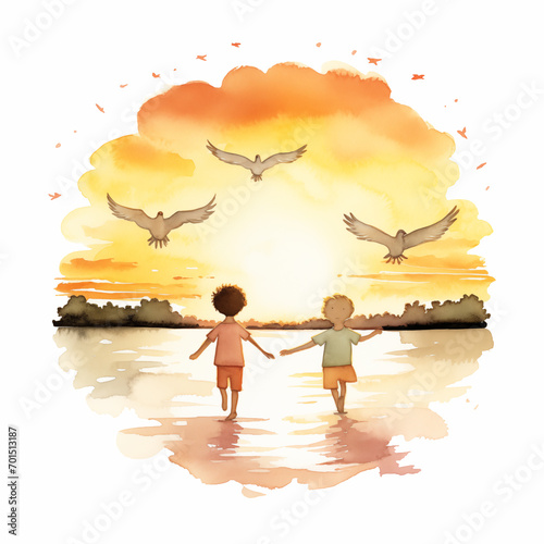 Happy kids and birds watercolor paint 