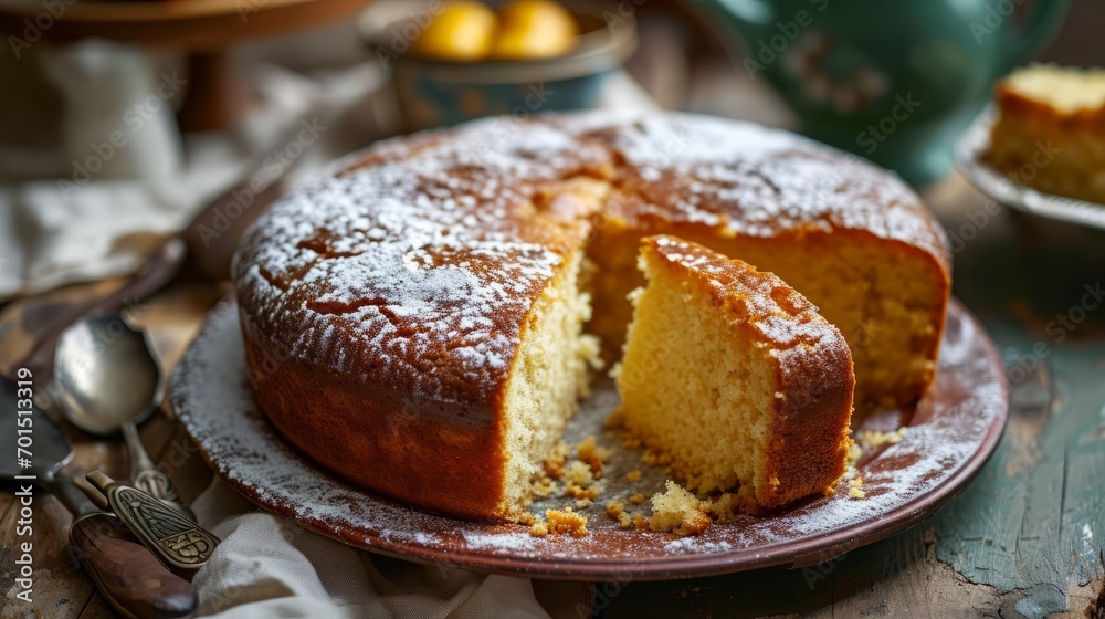 Traditional Vasilopita cake with powdered sugar Traditional Vasilopita cake with powdered sugar