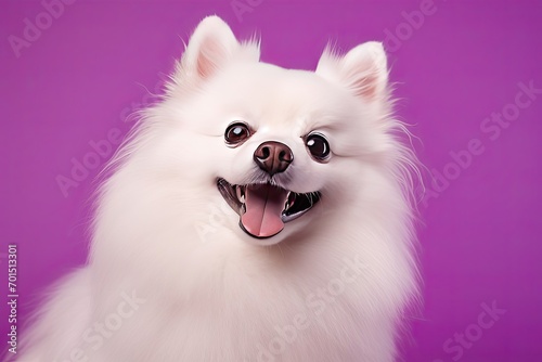 Relaxing White Spitz Portrait on Soft Purple Background with Soft Lighting