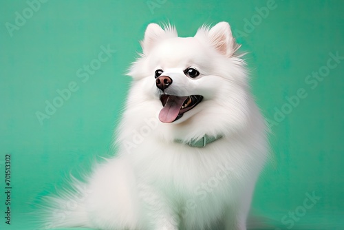 Beautiful White Spitz with Joyful Smile on Soft Green Background Setting