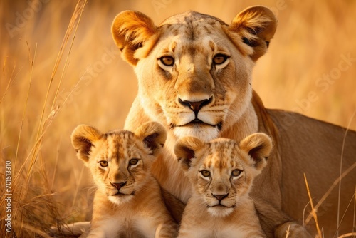 Captivating Scene of Lioness with Impressive Mane and Cubs in Lush Grass