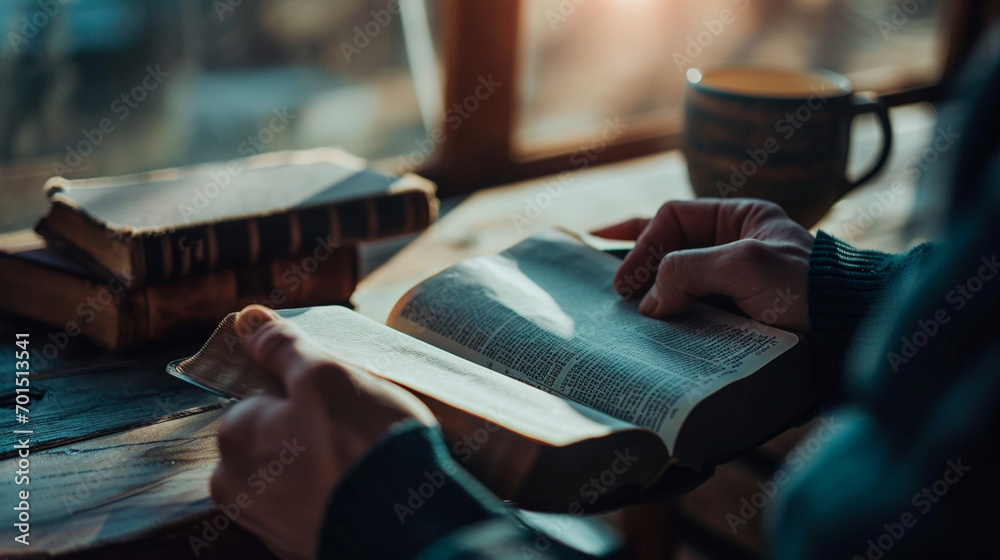 A man reading the Bible early in the morning with a cup of coffee, Bible, blurred background, with copy space