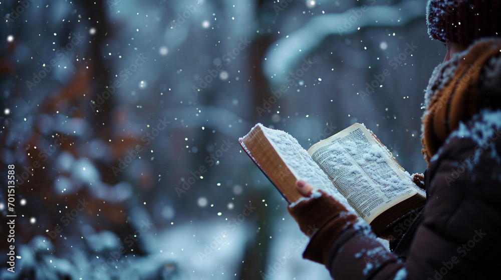 Fototapeta premium A person reading the Bible during a peaceful snowfall, Bible, blurred background, with copy space