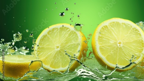  two lemons cut in half with water splashing around them on a green background with a splash of water.