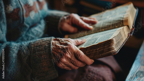 An elderly person reading the Bible, conveying wisdom and peace, Bible, blurred background, with copy space photo