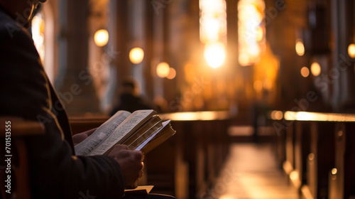 A pastor reading the Bible in a church before a service, Bible, blurred background, with copy space photo