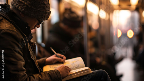 A man sketching in his notebook while on a subway ride, blurred background, with copy space