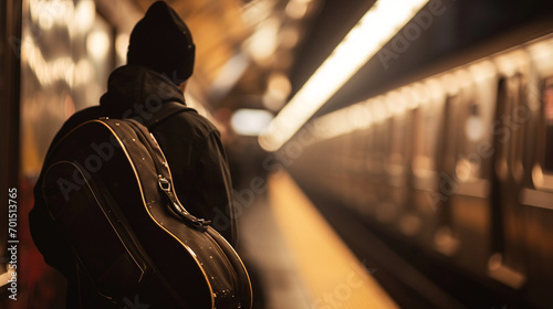 A man with a guitar case traveling on a subway, blurred background, with copy space