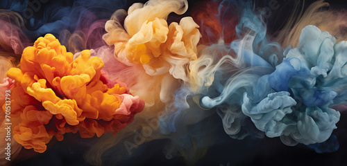 Vibrant plumes of citrine and indigo smoke intertwining and dispersing, leaving behind an enchanting and fleeting tapestry in the atmosphere.