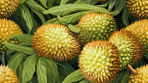  a close up of a bunch of fruit with green leaves on the top of it and green leaves on the bottom of it.