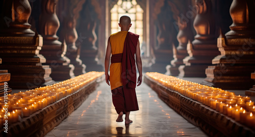 Buddhist monk walking in temple hallway