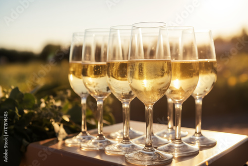  Champagne wine for guests at party. Bubbly wedding reception welcome drinks.