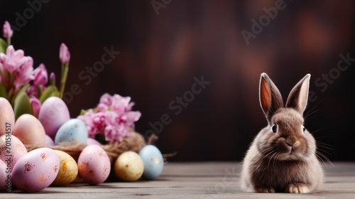  a rabbit sitting in front of a pile of eggs with pink tulips and purple flowers in the background.