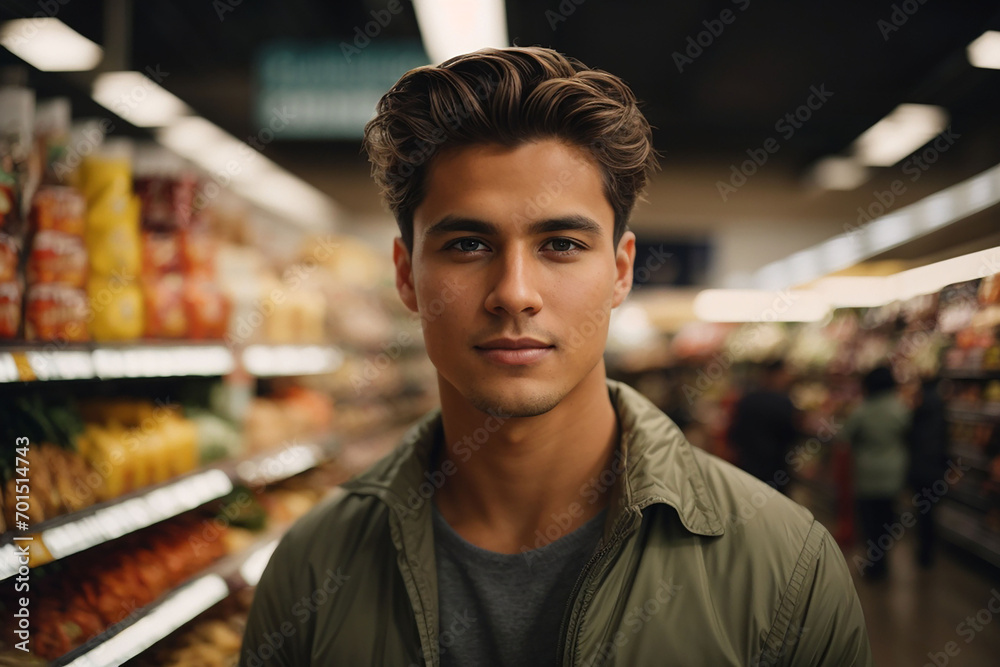 A closeup photo portrait of a handsome young man standing in a grocery store or supermarket