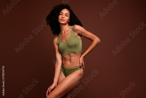 No retouch photo of beautiful girl with perfect ideal athletic body posing top and panties empty space isolated on brown color background © deagreez