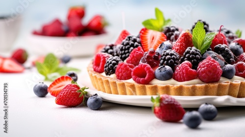  a fruit tart with berries  raspberries  blueberries  and mint leaves on a white plate.