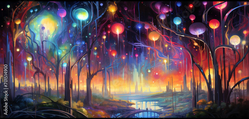 Whimsical illustration portraying an enchanting and ethereal display of abstract colorful lights, evoking a mesmerizing and vibrant scene.