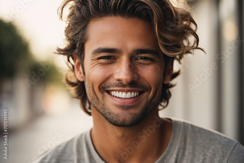 A closeup photo portrait of a handsome man smiling with clean teeth, isolated on white background