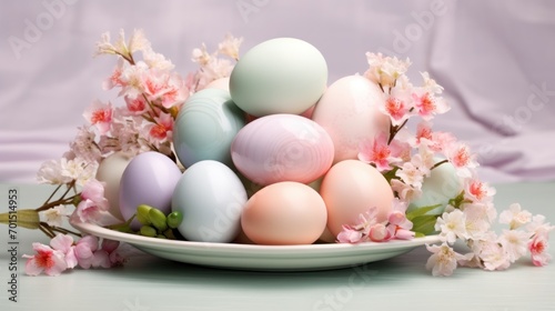 a bowl filled with lots of different colored eggs next to a bunch of pink and white flowers on a table.