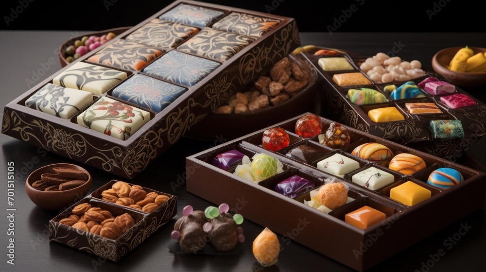 a box of assorted chocolates sitting on a table next to a bowl of nuts and a bowl of candies. a box of assorted chocolates sitting on a table next to a bowl of nuts and a bowl of candies.