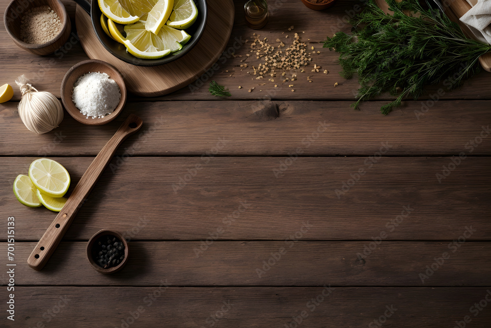 Cooking ingredients on a wooden background. Top view with copy space. Generative AI Cooking ingredients on a wooden background. Top view with copy space. Generative AI
