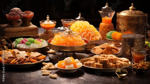  a table topped with plates of food and containers of oranges  nuts  and other foods on top of a wooden table.