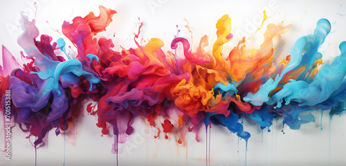 Whirling explosions of vibrant colored powder and energetic colorful paint splashes, forming lively design elements against a pristine solid white surface.